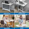 A collage of four images showing a height-adjustable laptop table used in different settings: living room, bedroom, artist's studio, and kitchen. Produktbild-Vorschau