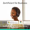 A woman wearing a headset, with certification logos and text indicating business use. Produktbild-Vorschau
