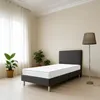 A bedroom scene with a mattress on a bed frame, a floor lamp, and potted plants. Produktbild-Vorschau