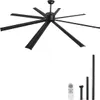 A large black ceiling fan with multiple blades is shown in the upper part of the image, and a remote control and downrod extensions are shown in the lower right. Náhled obrázku produktu