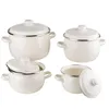 A set of four white enamel pots with silver rims and handles, displayed on a white background. Produktbild-Vorschau