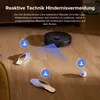 A black robot vacuum cleaner is shown on a wooden floor, with blue light beams indicating its obstacle avoidance technology. Several slippers and a small ball are scattered on the floor, demonstrating the robot's ability to navigate around them. Informatio Produktbild-Vorschau