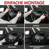 A collage of four images showing the steps to install a black steering wheel cover in a car. Produktbild-Vorschau