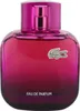 Dunkelpinker Parfumflakon von Lacoste mit silbernem Krokodil-Logo und weißer Aufschrift „Eau de Parfum“, runder Verschluss in passender Farbe. Produktbild-Vorschau