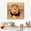 A framed picture of a lion is displayed above a desk with office supplies. Produktbild-Vorschau
