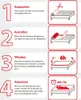 An infographic showing the steps to unpack, unroll, flip, and wait for a mattress. Produktbild-Vorschau