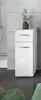 A white high-gloss bathroom cabinet with three drawers, placed on a dark tiled floor in a bathroom setting. Produktbild-Vorschau
