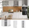 A modern white kitchen with wooden accents, featuring cabinets, appliances, and a dining table. Produktbild-Vorschau