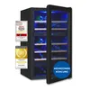 A black wine cooler with bottles inside, shown with the door slightly ajar, and various marketing badges on the side. Produktbild-Vorschau