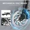 Close-up of a bicycle's mechanical disc brake system, with inset images of the handlebar controls and rear brake. Produktbild-Vorschau