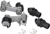 A set of oven door hinges and mounting brackets, commonly known as a lagerbuchsenset, is displayed against a white background. The kit includes two metal hinge mechanisms with ball bearings and black plastic mounting adapters, along with two small metal sp Produktbild-Vorschau