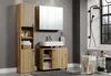 A modern bathroom with wooden vanity, sink, medicine cabinet, and shower. Produktbild-Vorschau