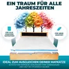 A mattress topper is shown on a bed, with colorful trees in the background and marketing text overlays. Produktbild-Vorschau