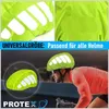 A collage of images showing a bright green helmet cover with reflective stripes, the cover itself, and a cyclist wearing the cover. Produktbild-Vorschau
