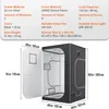 A grow tent with its door open, showing internal features and dimensions, with product specifications listed above. Produktbild-Vorschau