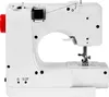 A white sewing machine with a black spool of thread and a red knob is shown from the side against a white background. Produktbild-Vorschau