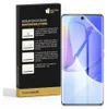 A product packaging with instructions for a screen protector, next to a smartphone with a screen protector applied. Produktbild-Vorschau