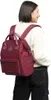 A woman wearing a white sweater and black cargo pants is shown from the back, wearing a burgundy backpack. Produktbild-Vorschau