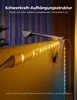 A close-up of a TV light strip attached to the back of a TV, with text overlays describing its features. Produktbild-Vorschau