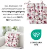 A collage of images showing seat cushions with a floral pattern, text describing their features, and a certification logo. Produktbild-Vorschau