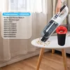 A hand holding a cordless vacuum cleaner, cleaning up debris from a table. A replacement filter is also shown. Produktbild-Vorschau