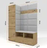 A corner of a hallway furniture set with a tall cabinet, a bench with storage, and a padded wall with coat hooks. Produktbild-Vorschau