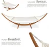A hammock with a wooden stand, shown from multiple angles with descriptive text. Produktbild-Vorschau