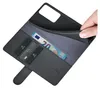 A hand is holding open a black leather wallet-style phone case, revealing credit cards and a 20 Euro bill inside. Produktbild-Vorschau