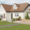 A backyard scene with a house and children's play equipment. Produktbild-Vorschau