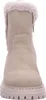 A front view of a beige winter boot with a fluffy trim. Voir les images du produit