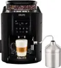 A black Krups coffee machine with a clear glass cup of latte macchiato and a silver milk jug. Podgląd zdjęcia produktu