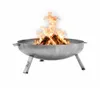 A metal fire pit with burning logs and flames, isolated on a white background. Produktbild-Vorschau