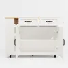 A white kitchen island with a wooden countertop, shown with its doors and drawers open. Podgląd zdjęcia produktu