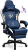 A blue gaming chair with a dragon design and a footrest, shown from the front. Voir les images du produit