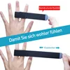 Two close-up shots of a finger wearing a black elastic band, with German text overlays. Produktbild-Vorschau