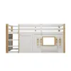 A loft bed with a house-like design, featuring a window and a door. Voir les images du produit