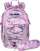 A pink backpack with a floral pattern and a matching pencil case. Anteprima dell’immagine prodotto