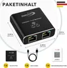 Product packaging and dimensions are shown with a network splitter. Produktbild-Vorschau