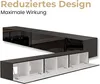 A black TV lowboard with its doors open, showing the interior compartments. The top part of the image has marketing text. Produktbild-Vorschau