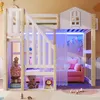 A child's loft bed with a castle-like design, featuring a pink sofa underneath and decorative elements like LED lights and bunting. Voir les images du produit