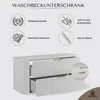 A marketing image for a white vanity cabinet, showcasing its features with icons and text. Produktbild-Vorschau