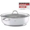 A large, oval stainless steel pot with a glass lid is shown against a white background. A small promotional graphic is in the upper right corner. Produktbild-Vorschau