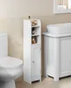 A white bathroom cabinet is shown next to a toilet and a sink. Produktbild-Vorschau