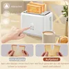 A hand is shown interacting with a white toaster, with toast inside. Below are two comparison images of toast, one labeled 'Nicht Aufgetaut' (Not Thawed) and the other 'Aufgetaut' (Thawed). Produktbild-Vorschau