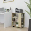 A roll-away cabinet with shelves, a printer, and office supplies on a desk. Produktbild-Vorschau