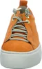 A close-up front view of an orange sneaker with gray laces and gold accents. Produktbild-Vorschau