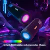 Two portable Bluetooth speakers with RGB lighting are displayed against a dark, abstract background with neon lights and headphones. Produktbild-Vorschau