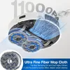 A close-up illustration of a robot vacuum cleaner's underside, highlighting its mop pads and suction mechanism, with text overlays describing its features. Produktbild-Vorschau