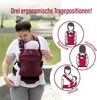 A woman is demonstrating a baby carrier outdoors near a body of water, with diagrams illustrating different carrying positions. Produktbild-Vorschau