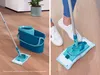 A split image showing a mop and bucket set on a wooden floor and a person using a mop on a wooden floor. Produktbild-Vorschau